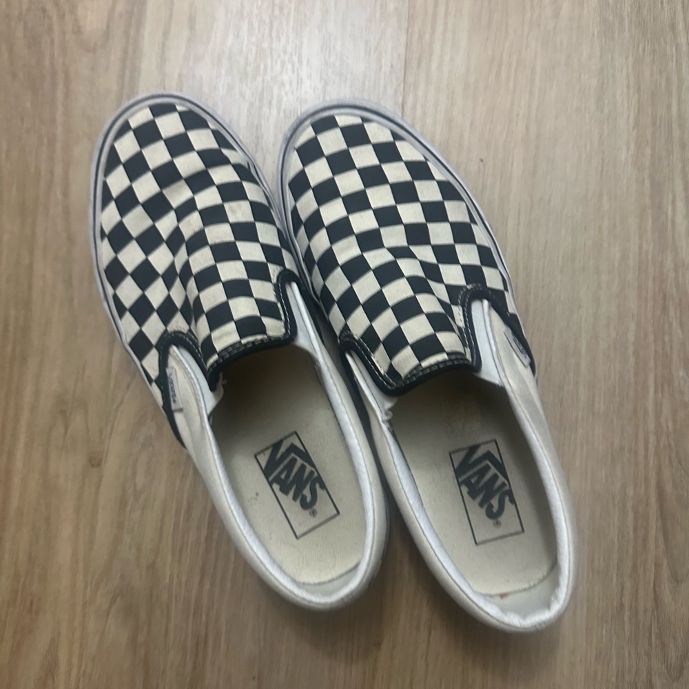 Vans Black and Cream Checkered Slip-On Sneakers